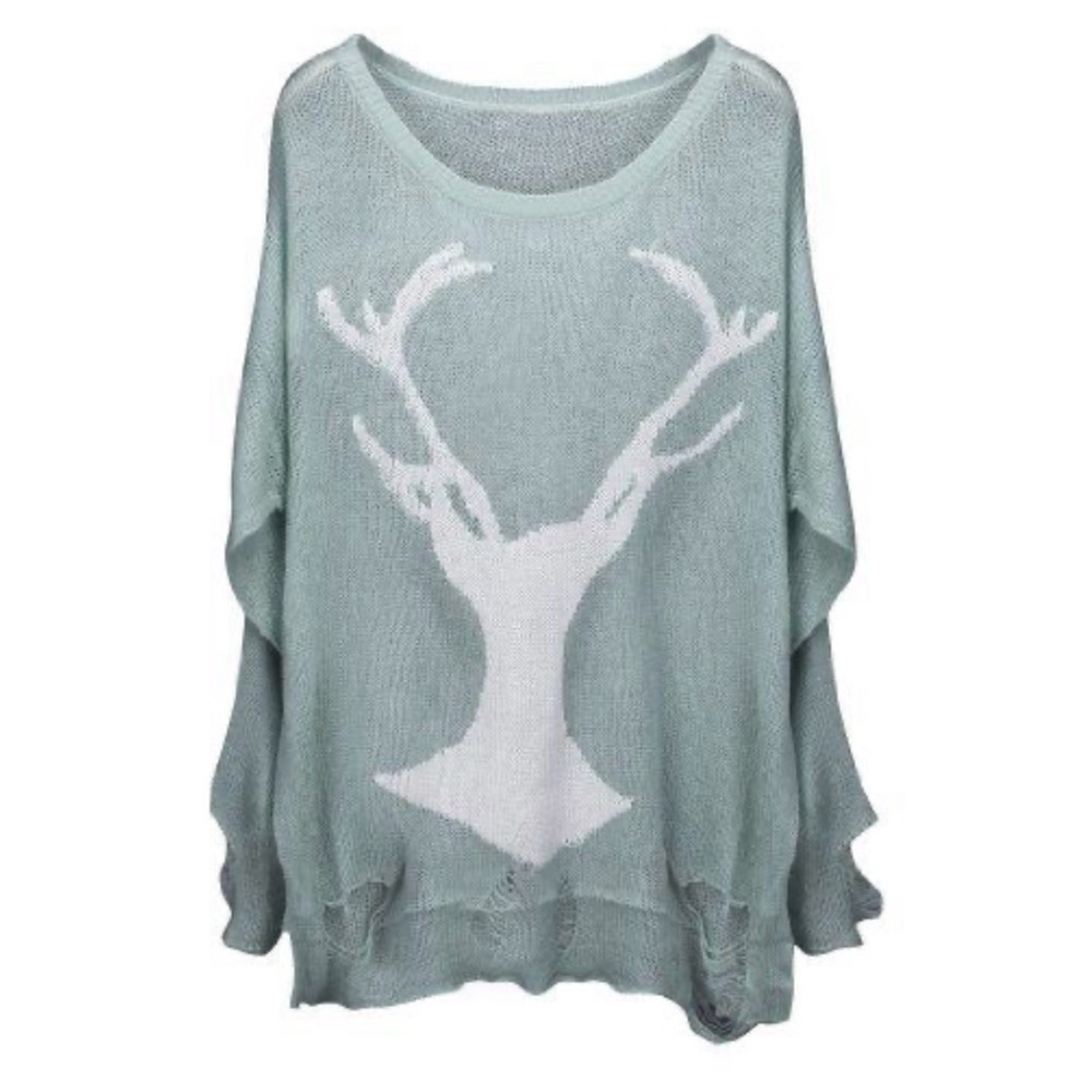 Romwe Pastel Goth Distressed Deer Sweater Jumper Tumblr 2014 Kawaii Cute Mint OS - Picture 1 of 12